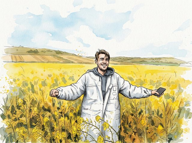 L'apiculteur dans le colza, téléphone en main
