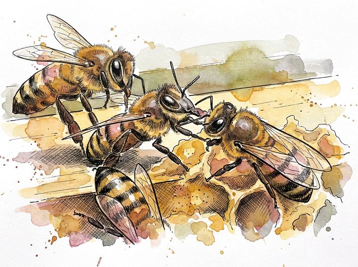 Trois abeilles se passent le nectar — aquarelle