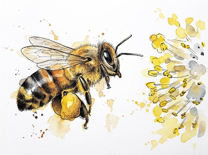 Une abeille en approche d'une fleur — aquarelle