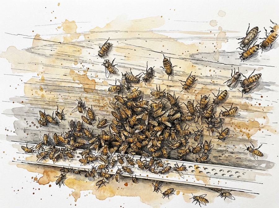 L'entrée d'une ruche en pleine activité — aquarelle