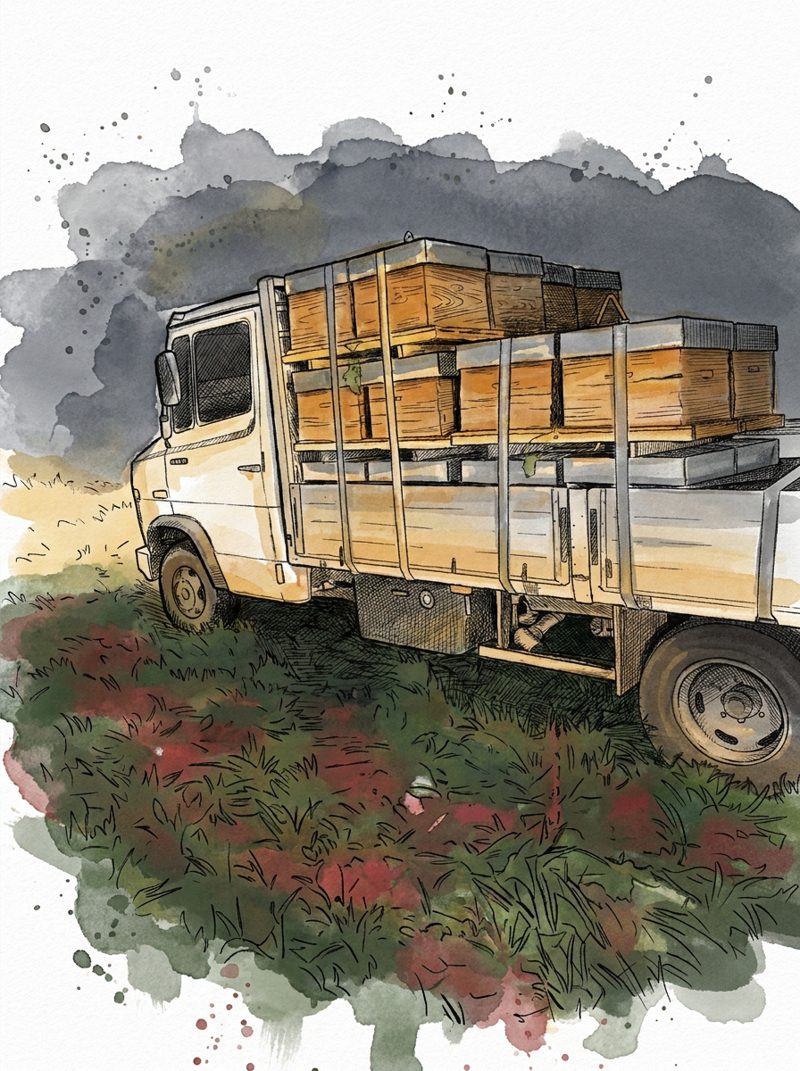 Le camion de transhumance chargé de ruches