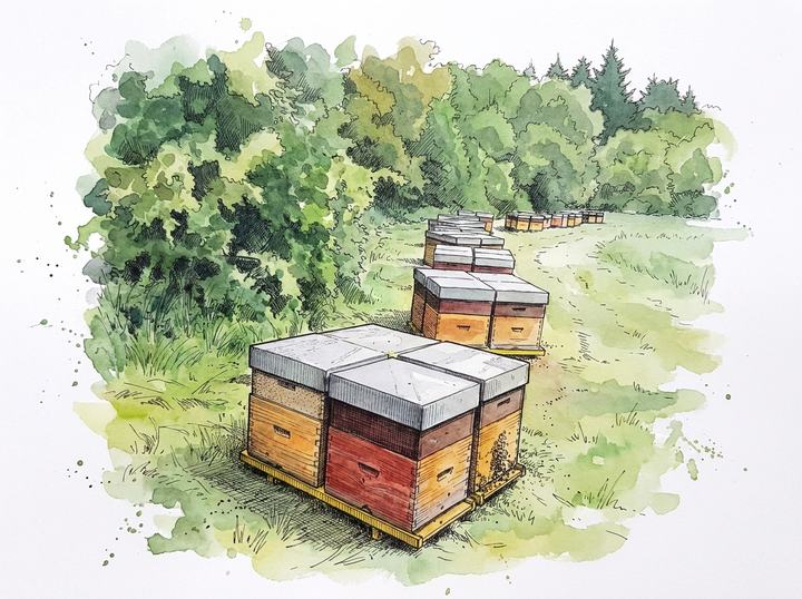 Un rucher du domaine en lisière de forêt — aquarelle