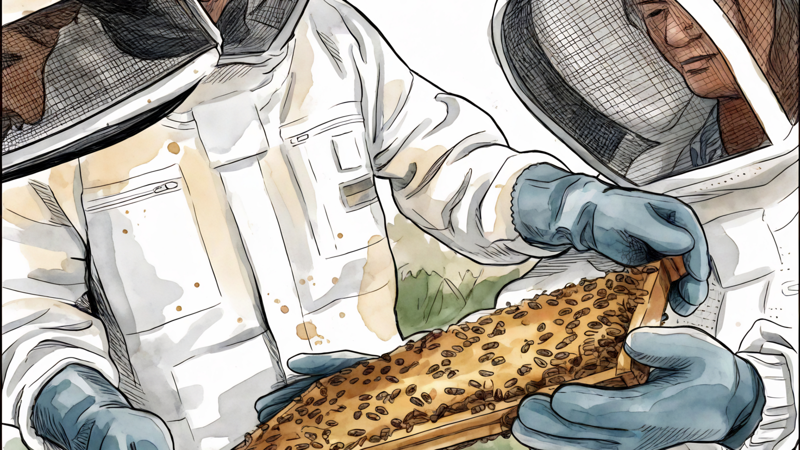 L'entrée d'une ruche en pleine activité — aquarelle