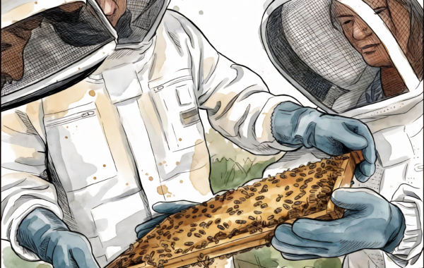 L'entrée d'une ruche en pleine activité — aquarelle