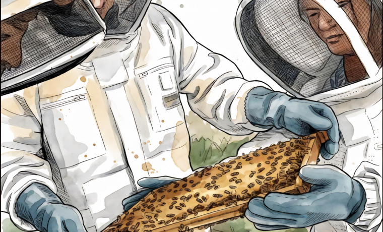 L'entrée d'une ruche en pleine activité — aquarelle